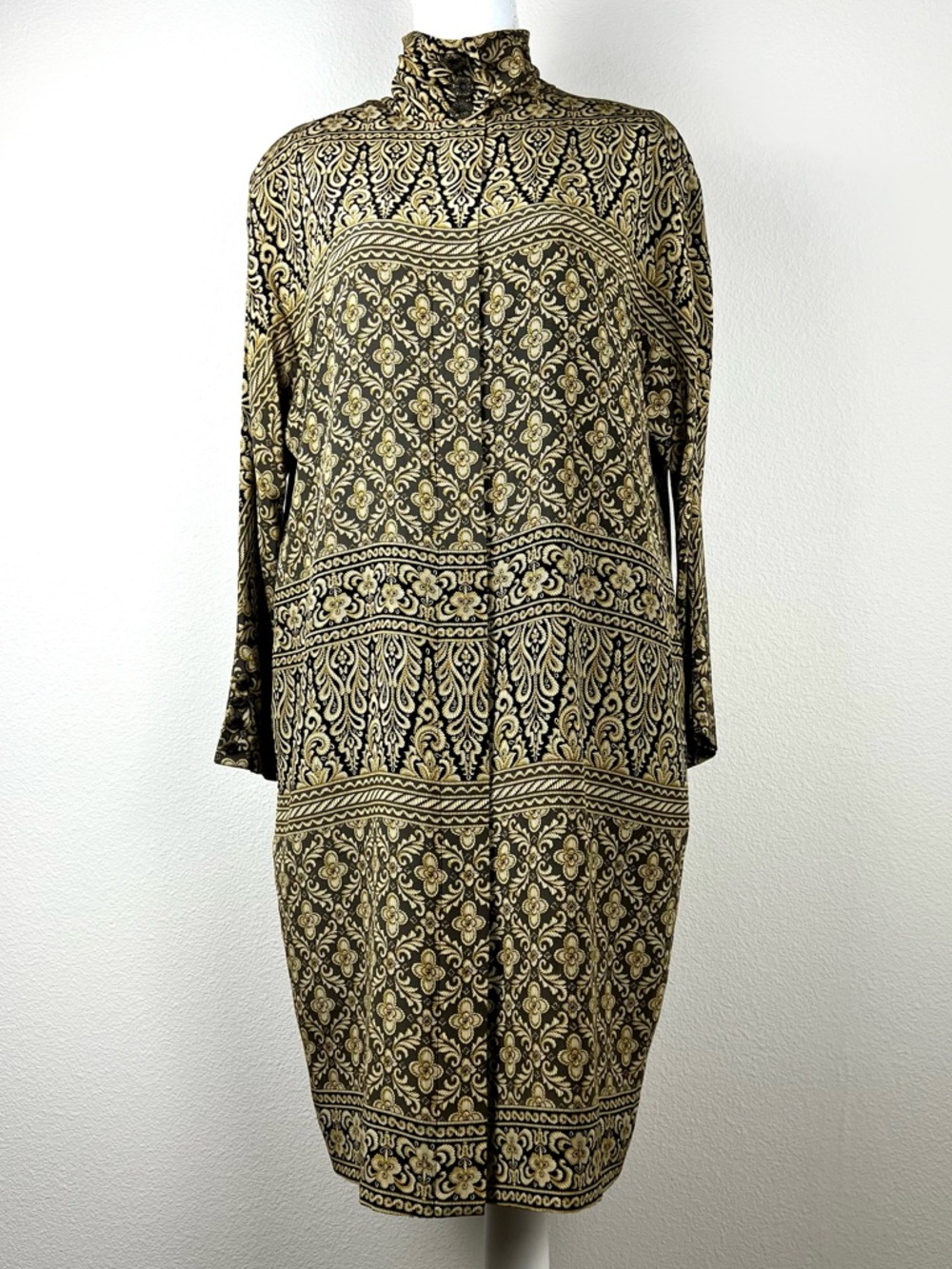 VTG 90s Jones New York 100% Silk Baroque Shirt Dress Ornate Gold Black Size 10